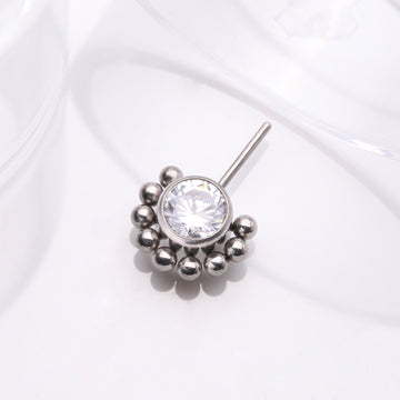 Detail View 1 of Implant Grade Titanium OneFit Threadless Bali Beaded Floral Sparkle Front Facing Part-Clear Gem